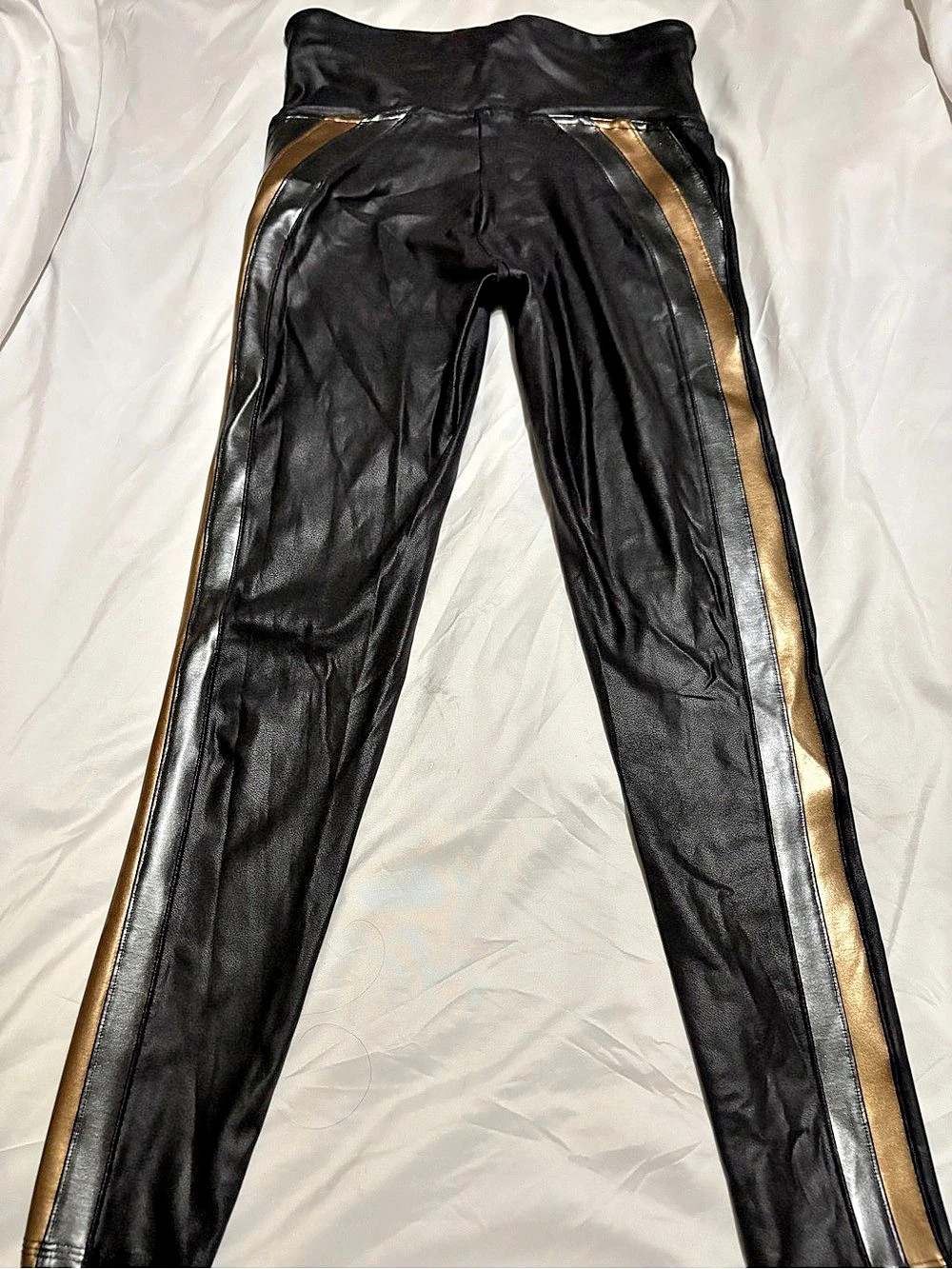 SPANX Faux Leather Side Stripe Leggings Black & Gold Medium